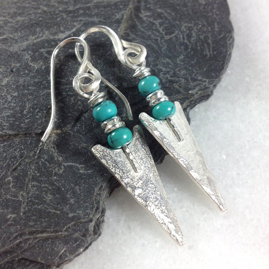 Turquoise and silver arrowhead tribal earrings