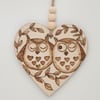 owls pyrography wooden love heart hanging decoration 