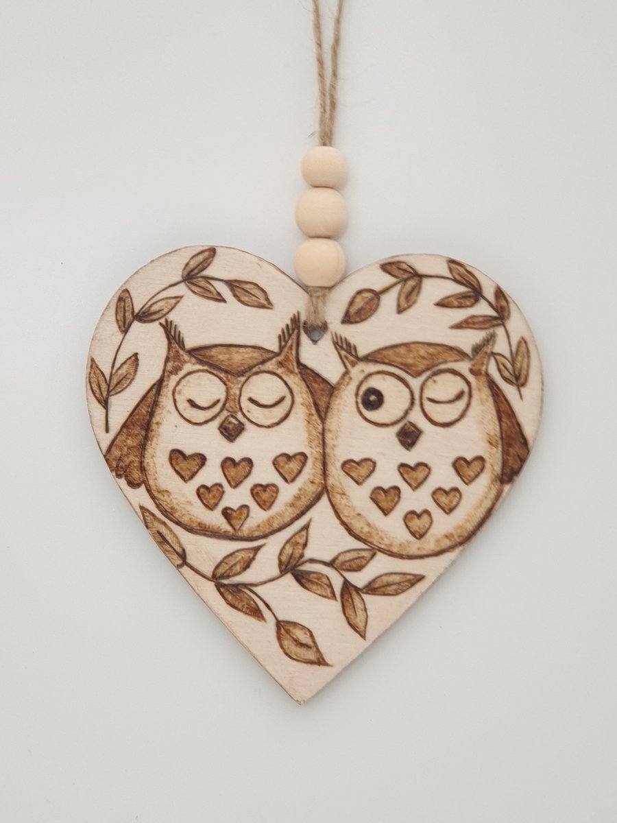 owls pyrography wooden love heart hanging decoration 