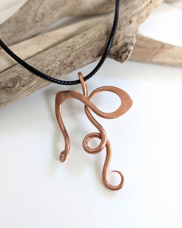 Handmade Copper Art Nouveau Pendant on Black Cotton Cord