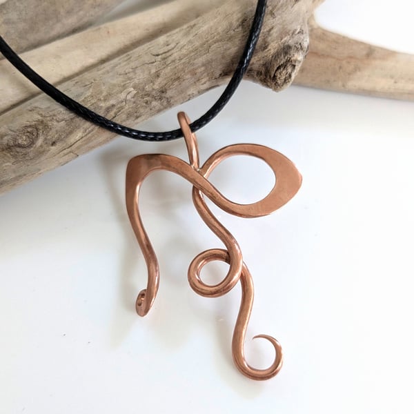 Handmade Copper Art Nouveau Pendant on Black Cotton Cord