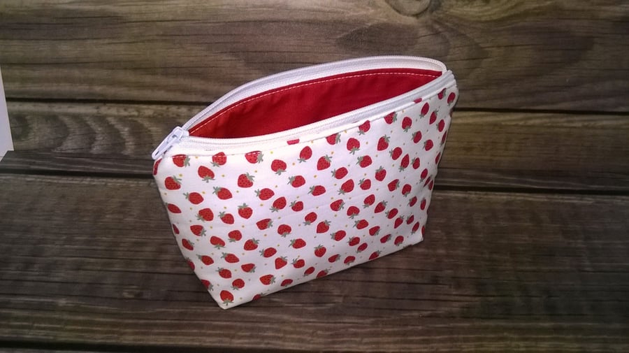 Make up bag, 100% cotton, white with red strawberries and red lining, newly made