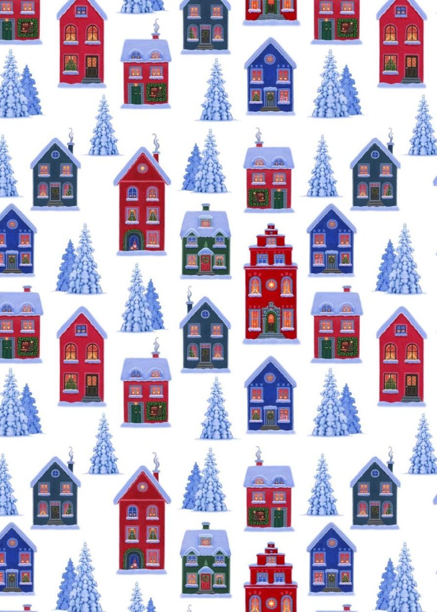 0.5m Tomtens Village on White Lewis and Irene 100% Cotton Fabric 112cm wide