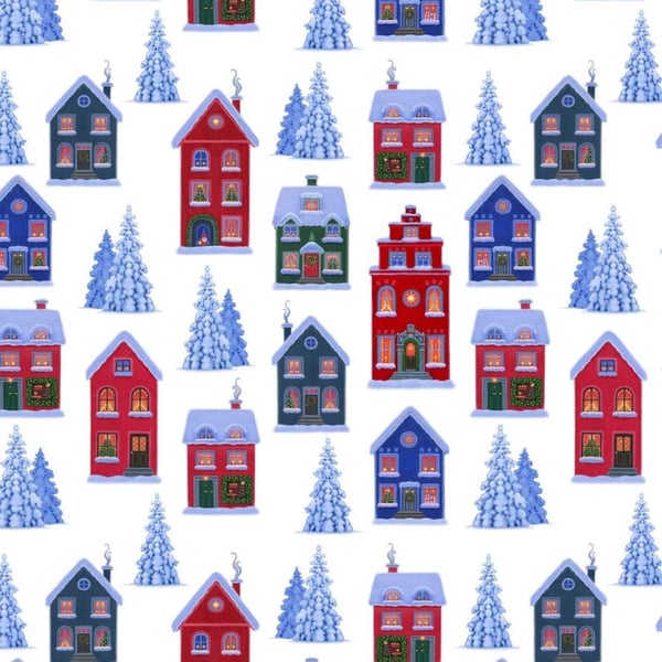 0.5m Tomtens Village on White Lewis and Irene 100% Cotton Fabric 112cm wide