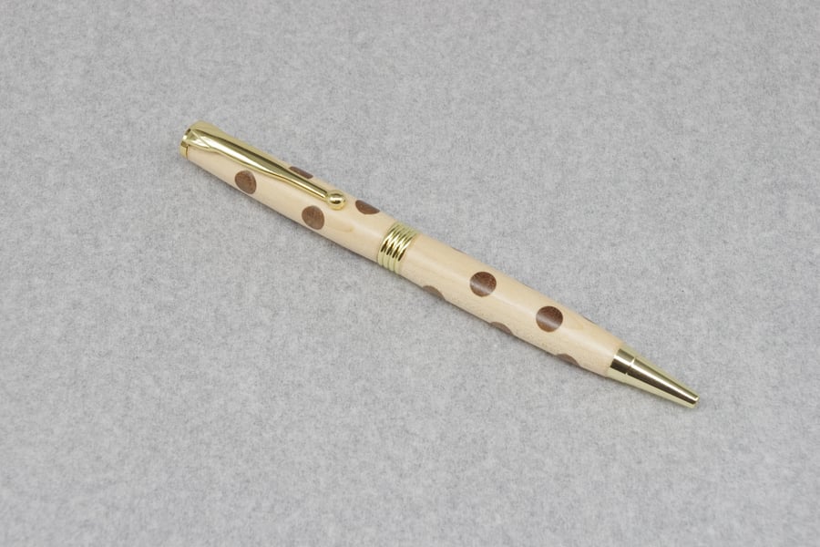 Hand Turned Wooden Pen. Beech with Walnut dots. (Free UK Delivery)