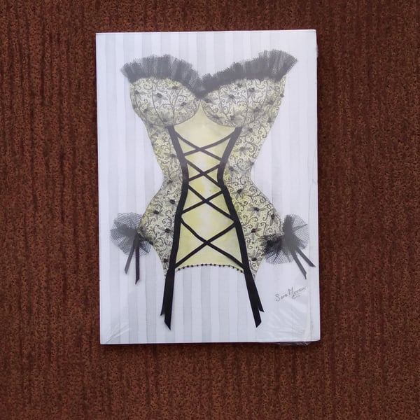 Notepad magnetic back. Yellow and black corset image printed from original 