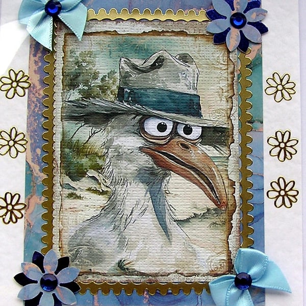 Comical Seagull - Hand Crafted Decoupage Blank Greeting Card - 2583