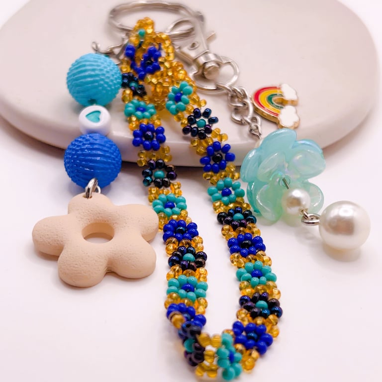 Colourful Polymer Clay Flower Keyring – Handmade Accessory for Keys or Bag