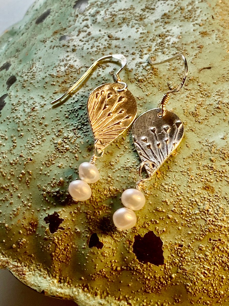 Handmade inverted teardrop fine silver and pearl earrings 