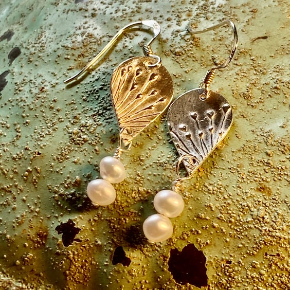 Handmade inverted teardrop fine silver and pearl earrings 