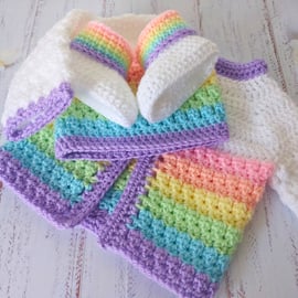 Rainbow Crochet Baby Set, Cardigan Bootie and Hat Unicorn Theme Set 