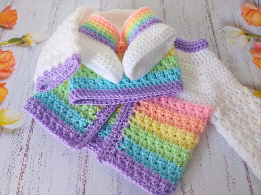 Rainbow Crochet Baby Set, Cardigan Bootie and Hat Unicorn Theme Set 