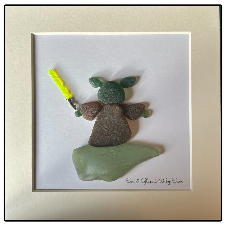 Handmade Sea Glass Yoda Picture - Framed 8x8 Sci-Fi Star Wars Inspired Art