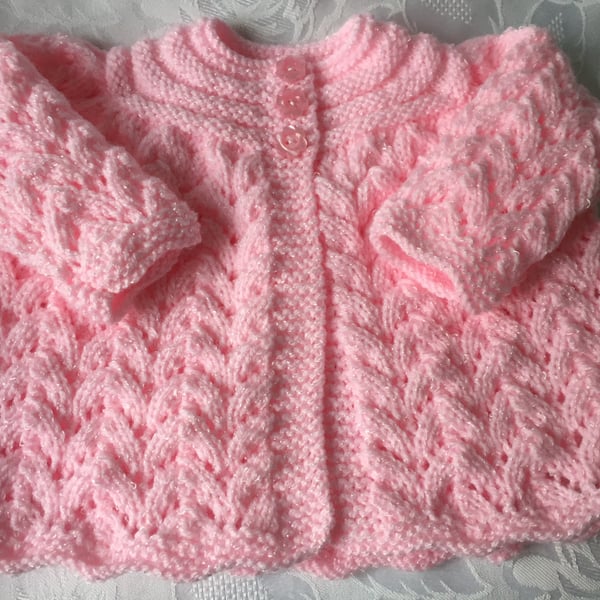 Hand Knitted Pink Matinee Cardigan, Fits 0 - 3 mths