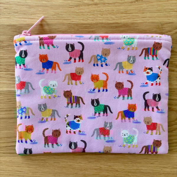 Zipped fabric pouch, purse, make up bag, in a fun cat print in pink
