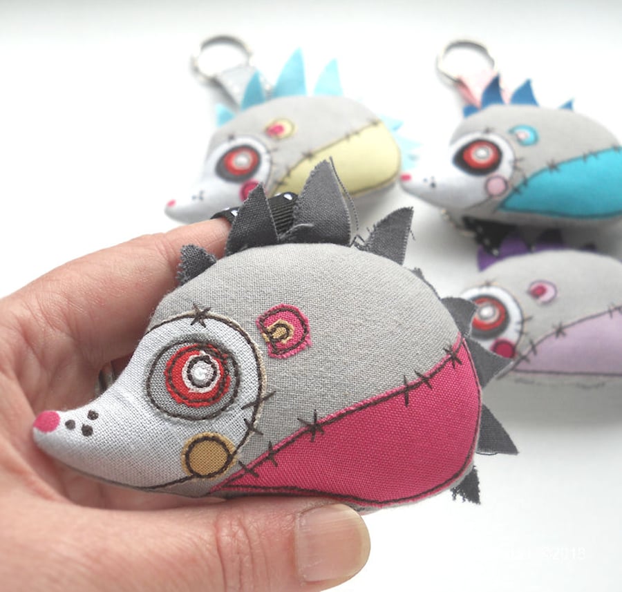 embroidered bag charm keyring pink zombie hedgehog