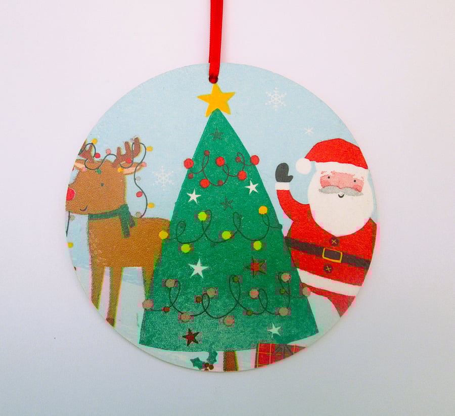 Santa, reindeer and Christmas tree wood decoupage hanging decoration
