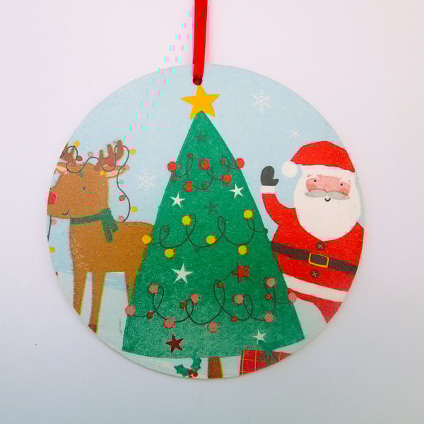 Santa, reindeer and Christmas tree wood decoupage hanging decoration