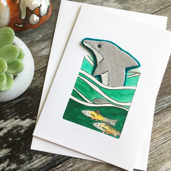 ON SALE. Dolphin card, leaping dolphin, handmade card, dolphin lover