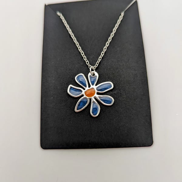 Resin Flower Necklace Blue Orange Stainless Steel