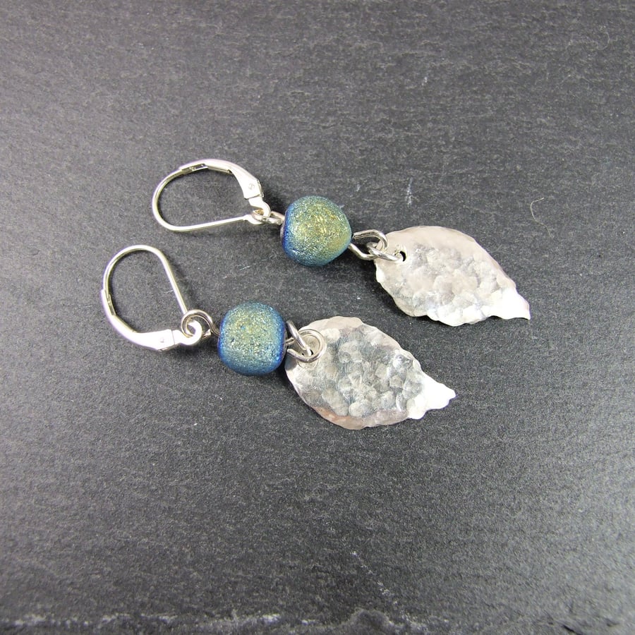 Earrings, Lever Back Teal Druzy Agate and Sterling Silver Leaf 