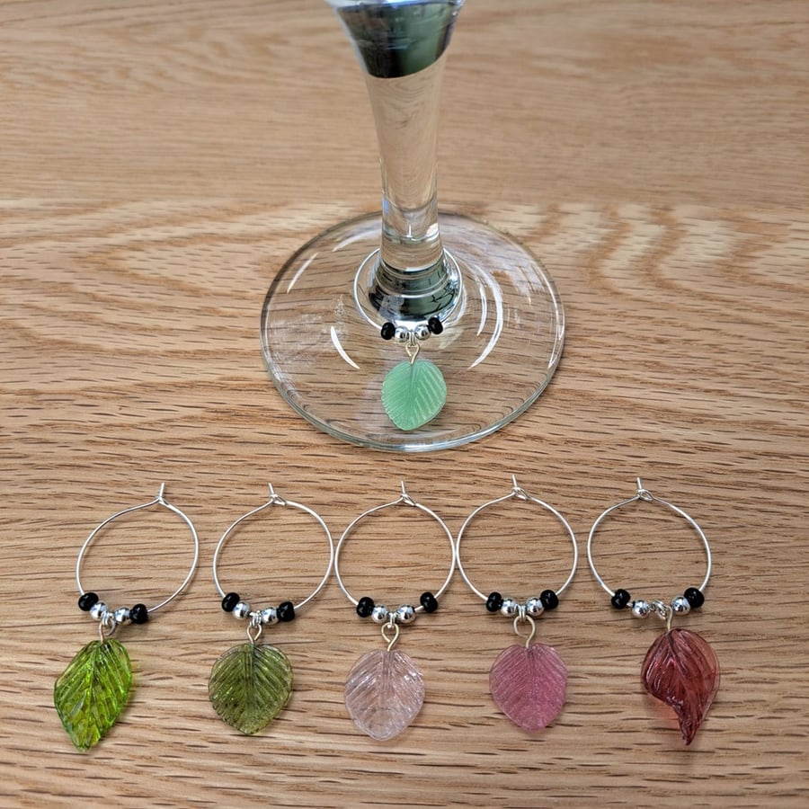 Wine Glass Charms – Set of 6 – Mixed Leaf Charms with Black and Silver Beads