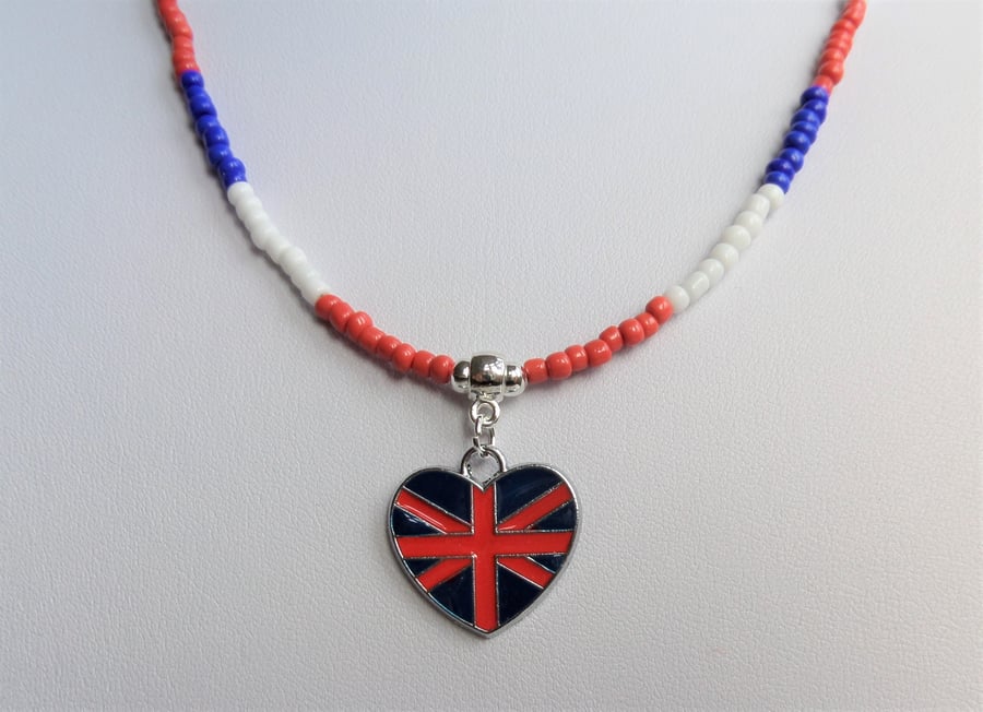 Red white and blue seed bead necklace, enamelled heart charm.