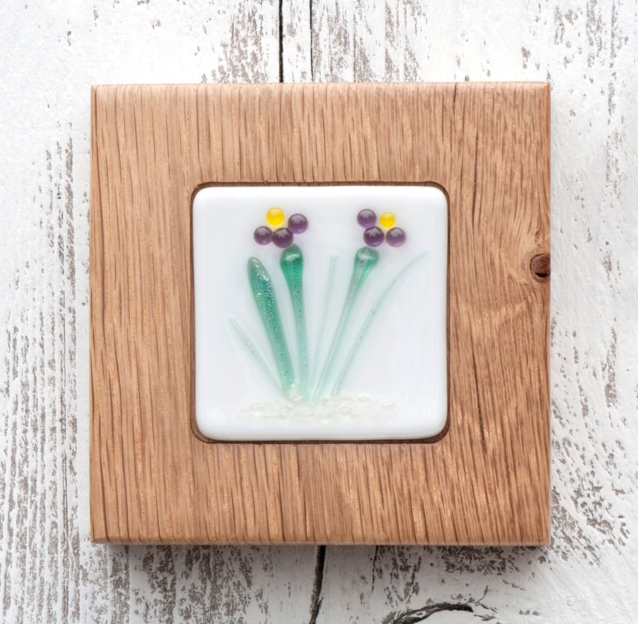 Purple & Yellow Flower - Fused Glass Picture set in a Handmade Oak Block Frame