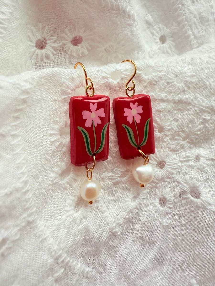 Pink Flower Red Rectangle Pearl Drop Polymer Clay Earring - FREE SHIPPING