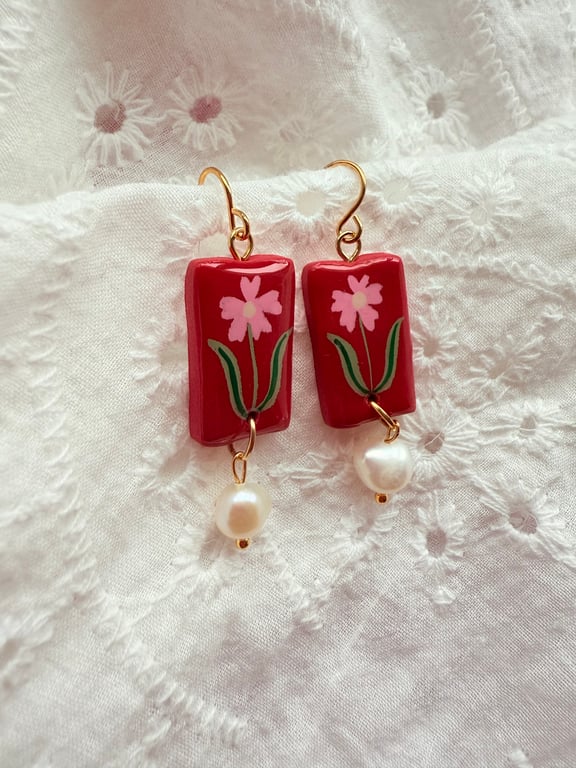 Pink Flower Red Rectangle Pearl Drop Polymer Clay Earring - FREE SHIPPING