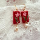 Pink Flower Red Rectangle Pearl Drop Polymer Clay Earring - FREE SHIPPING