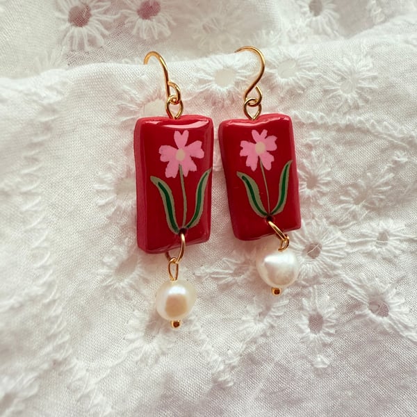Pink Flower Red Rectangle Pearl Drop Polymer Clay Earring - FREE SHIPPING