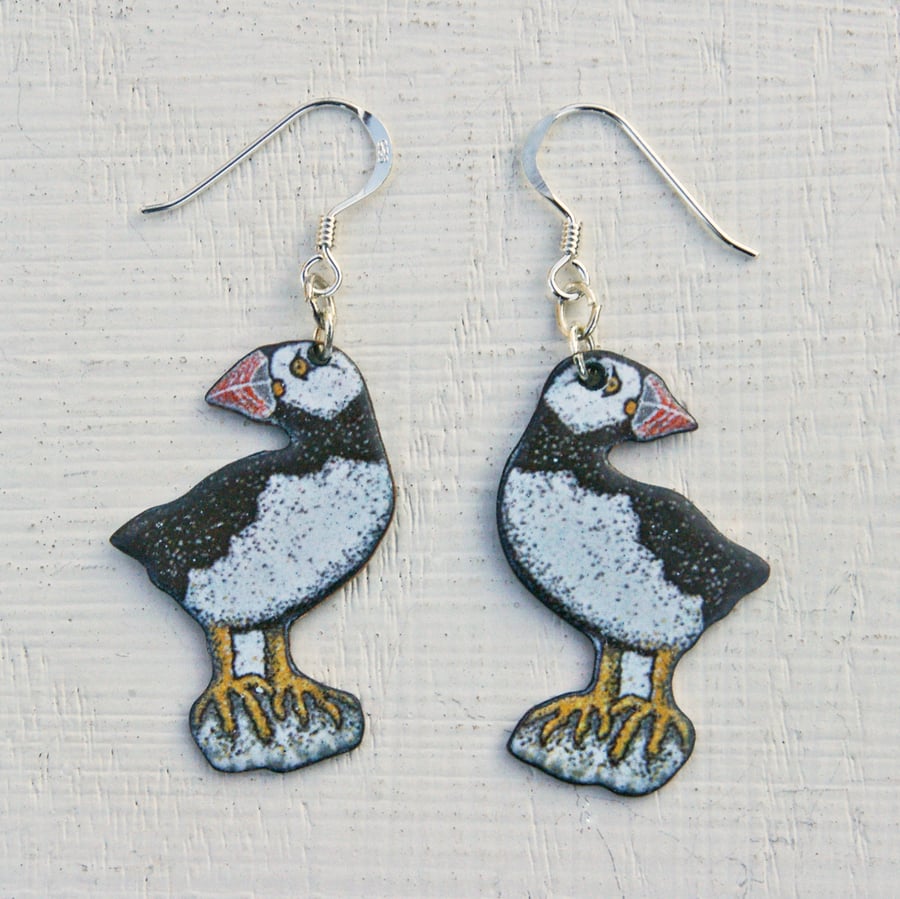 Standing Puffin Earrings in Enamels