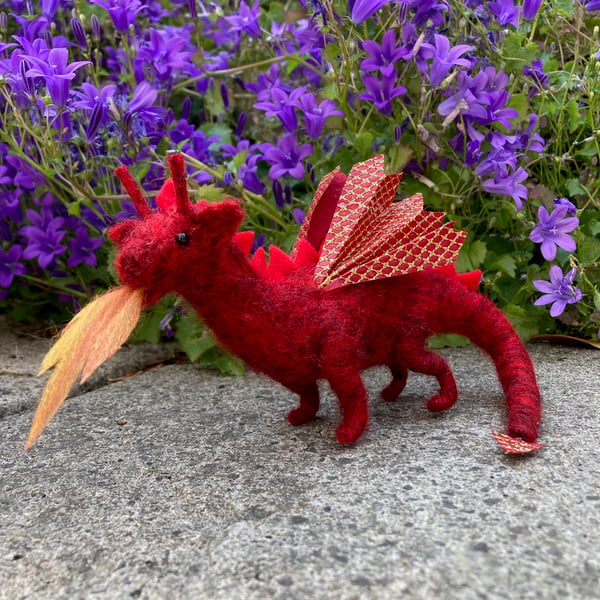 Small needle felted fire breathing red dragon