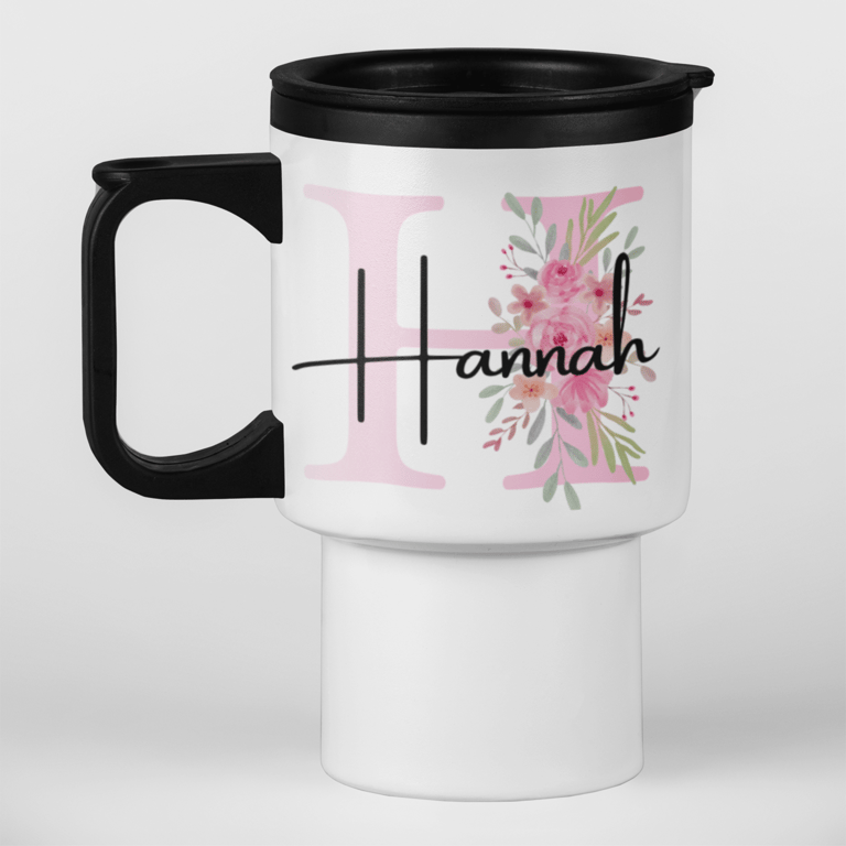 Personalised Pink Floral Initial and Name Travel Mug Personalised Gift