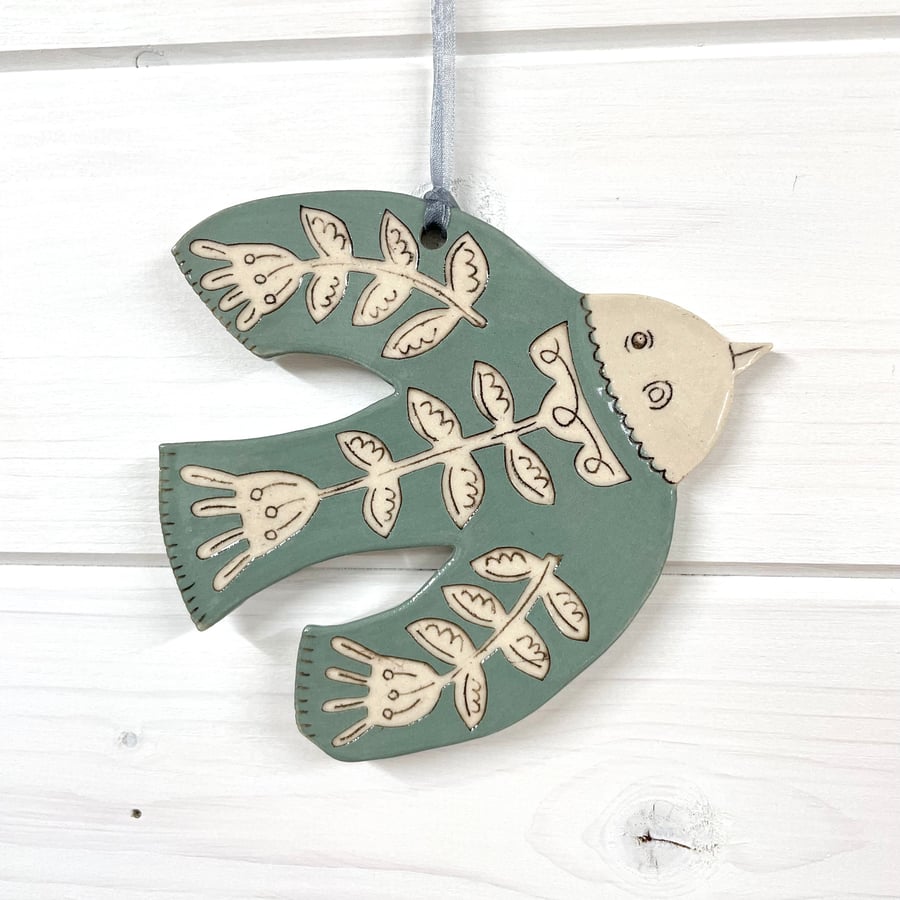 Handmade Pretty Ceramic Flower Bird Wall Hanging Decoration Gift - Blue