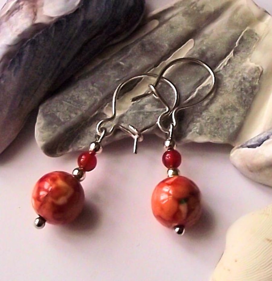 Earrings, semi precious gemstone, silver, handmade, orange cyan jasper