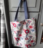 Floral Daisy, Chrysanthemum Tote Bag. Blues And Reds. Floral Shopping Bag. - Image 1