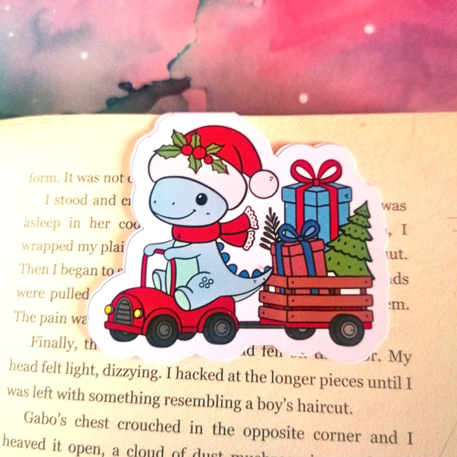 Winter Christmas Cart Dinosaur Magnetic Bookmark 