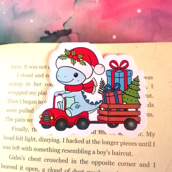 Winter Christmas Cart Dinosaur Magnetic Bookmark 