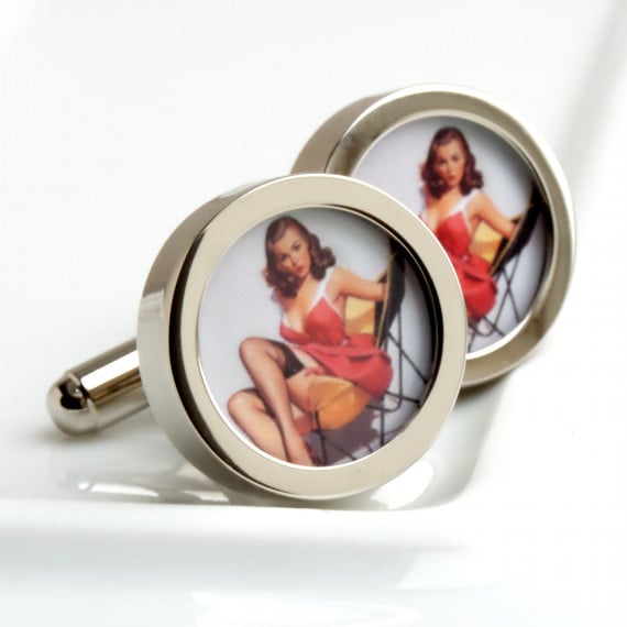 Vintage Erotic Pin Up Cufflinks - Red Dress in a Deck Chair