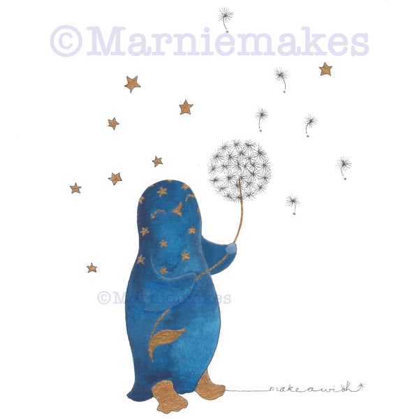 Little Blue Makes a Wish -  Hand Embellished  A5 Giclee Print  