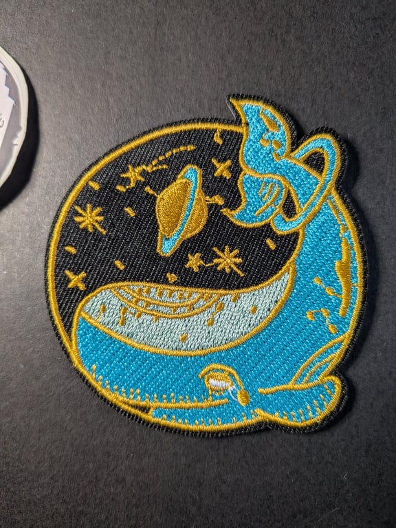 Blue whale with a planet and stars  - Embroidered Iron on Patch