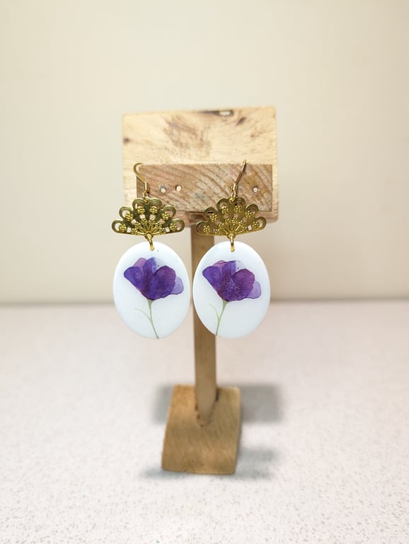Purple flower transfer polymer clay earrings oopsy 