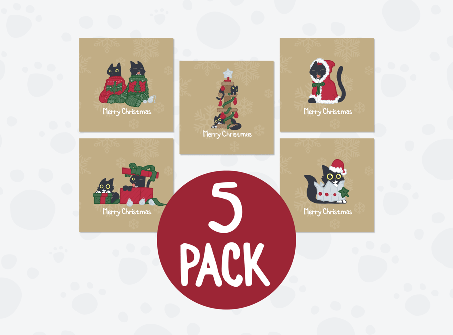 5 Pack Gold Cat Christmas Cards – Pickle and Nancy Festive Set of 5 Designs