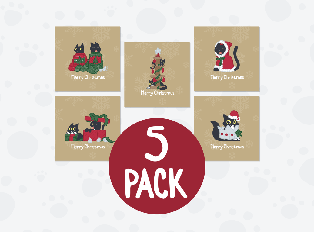 5 Pack Gold Cat Christmas Cards – Pickle and Nancy Festive Set of 5 Designs