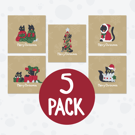 5 Pack Gold Cat Christmas Cards – Pickle and Nancy Festive Set of 5 Designs