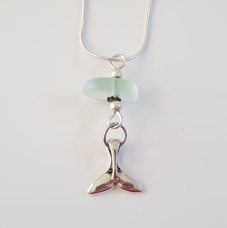 Frosted Sea Glass Pendant Necklace - Mermaid or Whale Tail Charm