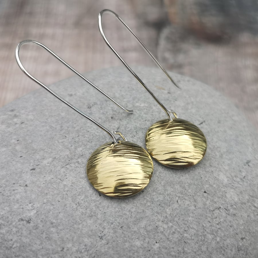 Brass and Silver Curved Disc Textured Dome Long Length Earrings