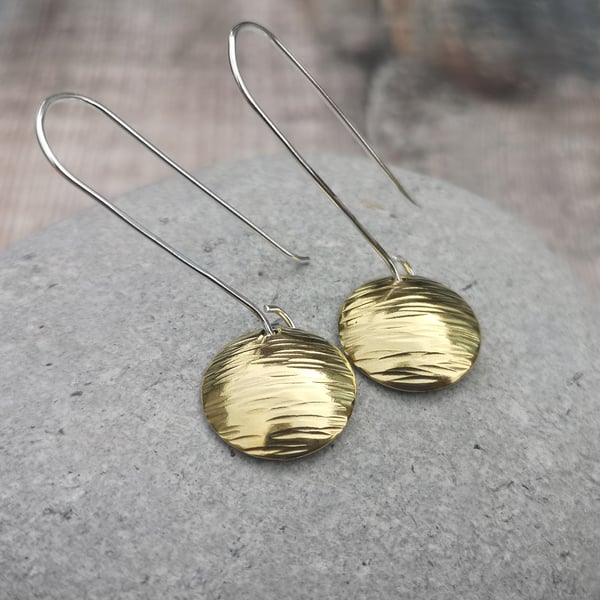 Brass and Silver Curved Disc Textured Dome Long Length Earrings